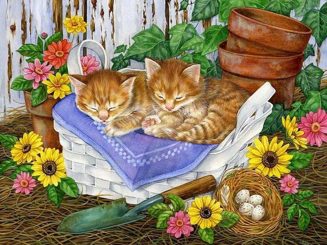 Easter Kittens Illustration by Jane Maday - Adorable kittens sleeping on a Easter basket in sunny springtime day, painted by Jane Maday. Jane Maday was born in a small fishing village in England in 1965. Her family immigrated to the United States when she was a young child.<br />
Jane Maday began her career at 14 years of age, as a scientific illustrator for the University of Florida. After receiving a Bachelor's degree from the Ringling College of Art and Design, she was recruited by Hallmark Cards, Inc, as a greeting card illustrator. - , Easter, kittens, kitten, illustration, illustrations, Jane, Maday, cartoon, cartoons, art, arts, adorable, basket, basket, sunny, springtime, day, days, fishing, village, villages, England, family, USA, young, child, children, career, scientific, illustrator, University, Florida, bachelor, degree, Ringling, College, Design, Hallmark, Cards, Inc, greeting, card, cards - Adorable kittens sleeping on a Easter basket in sunny springtime day, painted by Jane Maday. Jane Maday was born in a small fishing village in England in 1965. Her family immigrated to the United States when she was a young child.<br />
Jane Maday began her career at 14 years of age, as a scientific illustrator for the University of Florida. After receiving a Bachelor's degree from the Ringling College of Art and Design, she was recruited by Hallmark Cards, Inc, as a greeting card illustrator. Решайте бесплатные онлайн Easter Kittens Illustration by Jane Maday пазлы игры или отправьте Easter Kittens Illustration by Jane Maday пазл игру приветственную открытку  из puzzles-games.eu.. Easter Kittens Illustration by Jane Maday пазл, пазлы, пазлы игры, puzzles-games.eu, пазл игры, онлайн пазл игры, игры пазлы бесплатно, бесплатно онлайн пазл игры, Easter Kittens Illustration by Jane Maday бесплатно пазл игра, Easter Kittens Illustration by Jane Maday онлайн пазл игра , jigsaw puzzles, Easter Kittens Illustration by Jane Maday jigsaw puzzle, jigsaw puzzle games, jigsaw puzzles games, Easter Kittens Illustration by Jane Maday пазл игра открытка, пазлы игры открытки, Easter Kittens Illustration by Jane Maday пазл игра приветственная открытка