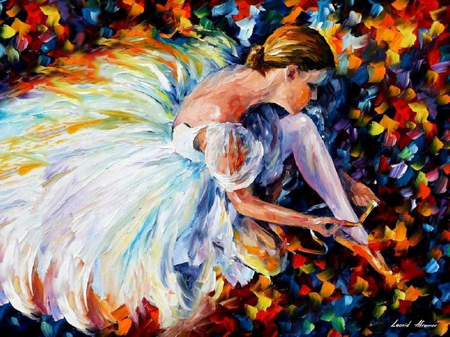 Ballerina by Leonid Afremov - 'Ballerina' is a beautiful oil painting on canvas by Leonid Afremov, depicting a young elegant girl behind the curtains, who is preparating with excitement for performance on stage. Dessed in a grace skirt, spread across the floorр she ties the ribbons of her ballet shoes.<br />
To convey the tension of the ballerina before entering the stage, together with the dark blue spots on the background, the artist uses bright colors of orange, yellow, blue and violet shades. - , ballerina, ballerinas, Leonid, Afremov, art, arts, beautiful, oil, painting, paintings, young, elegant, girl, girls, curtains, curtain, excitement, performance, stage, stages, grace, skirt, skirt, floor, floors, ribbons, ribbon, ballet, shoes, shoe, tension, blue, spots, spots, background, artist, artists, bright, colors, color, orange, yellow, violet, shades, shade - 'Ballerina' is a beautiful oil painting on canvas by Leonid Afremov, depicting a young elegant girl behind the curtains, who is preparating with excitement for performance on stage. Dessed in a grace skirt, spread across the floorр she ties the ribbons of her ballet shoes.<br />
To convey the tension of the ballerina before entering the stage, together with the dark blue spots on the background, the artist uses bright colors of orange, yellow, blue and violet shades. Решайте бесплатные онлайн Ballerina by Leonid Afremov пазлы игры или отправьте Ballerina by Leonid Afremov пазл игру приветственную открытку  из puzzles-games.eu.. Ballerina by Leonid Afremov пазл, пазлы, пазлы игры, puzzles-games.eu, пазл игры, онлайн пазл игры, игры пазлы бесплатно, бесплатно онлайн пазл игры, Ballerina by Leonid Afremov бесплатно пазл игра, Ballerina by Leonid Afremov онлайн пазл игра , jigsaw puzzles, Ballerina by Leonid Afremov jigsaw puzzle, jigsaw puzzle games, jigsaw puzzles games, Ballerina by Leonid Afremov пазл игра открытка, пазлы игры открытки, Ballerina by Leonid Afremov пазл игра приветственная открытка