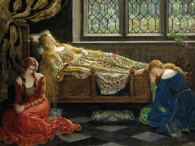 Sleeping Beauty by John Collier - 'Sleeping Beauty' (1921, oil on canvas, private collection), by John Collier (1850-1934), a British Pre-Raphaelite painter on historical and mythological themes and portraits of kings, noblemen, actors and socialites personalities. John Collier was a founding member of the Royal Society of Portrait Painters. <br />
This remarkable Pre-Raphaelite picture is an illustration of the famous fairy story of 'Sleeping Beauty' in the European literature, by Charles Perrault in the seventeenth century and later recast by the brothers Grimm in the nineteenth century. <br />
John Collier depicts the scene with the asleep princess inside the palace. Through the leaded windows, studded with stained-glass is seen the overgrown garden in which the prince must fight his way for to break the spell. - , Sleeping, Beauty, John, Collier, art, arts, 1921, oil, canvas, private, collection, collections, 1850, 1934, British, Pre-Raphaelite, painter, painters, historical, mythological, themes, theme, portraits, portrait, kings, king, noblemen, nobleman, actors, actor, socialites, personalities, personality, member, members, Royal, Society, remarkable, picture, pictures, illustration, illustrations, famous, fairy, story, stories, European, literature, Charles, Perrault, century, centuries, brothers, brother, Grimm - 'Sleeping Beauty' (1921, oil on canvas, private collection), by John Collier (1850-1934), a British Pre-Raphaelite painter on historical and mythological themes and portraits of kings, noblemen, actors and socialites personalities. John Collier was a founding member of the Royal Society of Portrait Painters. <br />
This remarkable Pre-Raphaelite picture is an illustration of the famous fairy story of 'Sleeping Beauty' in the European literature, by Charles Perrault in the seventeenth century and later recast by the brothers Grimm in the nineteenth century. <br />
John Collier depicts the scene with the asleep princess inside the palace. Through the leaded windows, studded with stained-glass is seen the overgrown garden in which the prince must fight his way for to break the spell. Подреждайте безплатни онлайн Sleeping Beauty by John Collier пъзел игри или изпратете Sleeping Beauty by John Collier пъзел игра поздравителна картичка  от puzzles-games.eu.. Sleeping Beauty by John Collier пъзел, пъзели, пъзели игри, puzzles-games.eu, пъзел игри, online пъзел игри, free пъзел игри, free online пъзел игри, Sleeping Beauty by John Collier free пъзел игра, Sleeping Beauty by John Collier online пъзел игра, jigsaw puzzles, Sleeping Beauty by John Collier jigsaw puzzle, jigsaw puzzle games, jigsaw puzzles games, Sleeping Beauty by John Collier пъзел игра картичка, пъзели игри картички, Sleeping Beauty by John Collier пъзел игра поздравителна картичка