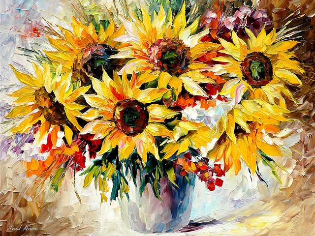 Sunflowers by Leonid Afremov - 'Sunflowers' is a stunning oil painting on canvas with palette knife, created by Leonid Afremov.<br />
The pastel shades of the background are in amazing harmony with the light brown sunflower heads, surrounded by bright yellow palette, with sun in every petal, behind which the juicy green leaves of the stems are hidden. - , sunflowers, sunflower, Leonid, Afremov, flowers, flower, stunning, oil, painting, paintings, canvas, palette, knife, pastel, shades, shade, background, backgrounds, amazing, harmony, brown, heads, head, sun, petal, petals, leaves, leaf, stems, stem - 'Sunflowers' is a stunning oil painting on canvas with palette knife, created by Leonid Afremov.<br />
The pastel shades of the background are in amazing harmony with the light brown sunflower heads, surrounded by bright yellow palette, with sun in every petal, behind which the juicy green leaves of the stems are hidden. Resuelve rompecabezas en línea gratis Sunflowers by Leonid Afremov juegos puzzle o enviar Sunflowers by Leonid Afremov juego de puzzle tarjetas electrónicas de felicitación  de puzzles-games.eu.. Sunflowers by Leonid Afremov puzzle, puzzles, rompecabezas juegos, puzzles-games.eu, juegos de puzzle, juegos en línea del rompecabezas, juegos gratis puzzle, juegos en línea gratis rompecabezas, Sunflowers by Leonid Afremov juego de puzzle gratuito, Sunflowers by Leonid Afremov juego de rompecabezas en línea, jigsaw puzzles, Sunflowers by Leonid Afremov jigsaw puzzle, jigsaw puzzle games, jigsaw puzzles games, Sunflowers by Leonid Afremov rompecabezas de juego tarjeta electrónica, juegos de puzzles tarjetas electrónicas, Sunflowers by Leonid Afremov puzzle tarjeta electrónica de felicitación