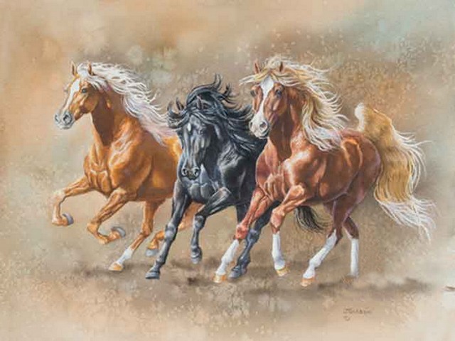 Trio by Judy Gibson - 'Trio', depicting three pedigree horses, is a beautiful artwork by the contemporary American artist Judy Gibson (1946-2005), with an art degree from the East Texas State University. Born in Paris, Texas, Judy Gibson loved to paint horses and other symbols of the Southwest since the early childhood. In her teens, she painted portraits of prized bulls and horses for local ranchers. Her inspiration comes from the deep love and respect for animals. - , trio, Judy, Gibson, art, arts, animals, animal, pedigree, horses, horse, beautiful, artwork, artworks, contemporary, American, artist, artists, 1946, 2005, degree, East, Texas, State, University, universities, Paris, symbols, symbol, Southwest, early, childhood, portraits, portrait, prized, bulls, bull, local, ranchers, rancher, inspiration, love, respect - 'Trio', depicting three pedigree horses, is a beautiful artwork by the contemporary American artist Judy Gibson (1946-2005), with an art degree from the East Texas State University. Born in Paris, Texas, Judy Gibson loved to paint horses and other symbols of the Southwest since the early childhood. In her teens, she painted portraits of prized bulls and horses for local ranchers. Her inspiration comes from the deep love and respect for animals. Resuelve rompecabezas en línea gratis Trio by Judy Gibson juegos puzzle o enviar Trio by Judy Gibson juego de puzzle tarjetas electrónicas de felicitación  de puzzles-games.eu.. Trio by Judy Gibson puzzle, puzzles, rompecabezas juegos, puzzles-games.eu, juegos de puzzle, juegos en línea del rompecabezas, juegos gratis puzzle, juegos en línea gratis rompecabezas, Trio by Judy Gibson juego de puzzle gratuito, Trio by Judy Gibson juego de rompecabezas en línea, jigsaw puzzles, Trio by Judy Gibson jigsaw puzzle, jigsaw puzzle games, jigsaw puzzles games, Trio by Judy Gibson rompecabezas de juego tarjeta electrónica, juegos de puzzles tarjetas electrónicas, Trio by Judy Gibson puzzle tarjeta electrónica de felicitación