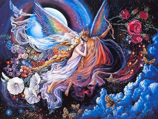 Eros and Psyche by Josephine Wall - 'Eros and Psyche' is an amazing painting by the famous English artist Josephine Wall (born May 1947 in Farnham, Surrey), specialized in mystical, surreal-like and fantasy paintings, which fascinate with mesmerizing details and vibrant colors. <br />
The myth of Eros and Psyche is probably one of the best love stories in classical mythology. <br />
Eros, son of Aphrodite, was the personification of intense love desire, depicted throwing arrows to people in order to make them fall in love. Psyche is a beautiful maiden, who personifies the human soul.<br />
The two lovers are dancing in the moonlight in a world of their own, where the air is filled with love and scent of flowers. - , Eros, Psyche, Josephine, Wall, art, arts, mazing, painting, paintings, famous, English, artist, artist, 1947, Farnham, Surrey, mystical, surreal, fantasy, myth, love, stories, story, classical, mythology, son, sons, Aphrodite, personification, intense, desire, arrows, arrow, people, beautiful, maiden, maidens, human, soul, lovers, lover, moonlight, world, air, scent, flowers, flower - 'Eros and Psyche' is an amazing painting by the famous English artist Josephine Wall (born May 1947 in Farnham, Surrey), specialized in mystical, surreal-like and fantasy paintings, which fascinate with mesmerizing details and vibrant colors. <br />
The myth of Eros and Psyche is probably one of the best love stories in classical mythology. <br />
Eros, son of Aphrodite, was the personification of intense love desire, depicted throwing arrows to people in order to make them fall in love. Psyche is a beautiful maiden, who personifies the human soul.<br />
The two lovers are dancing in the moonlight in a world of their own, where the air is filled with love and scent of flowers. Подреждайте безплатни онлайн Eros and Psyche by Josephine Wall пъзел игри или изпратете Eros and Psyche by Josephine Wall пъзел игра поздравителна картичка  от puzzles-games.eu.. Eros and Psyche by Josephine Wall пъзел, пъзели, пъзели игри, puzzles-games.eu, пъзел игри, online пъзел игри, free пъзел игри, free online пъзел игри, Eros and Psyche by Josephine Wall free пъзел игра, Eros and Psyche by Josephine Wall online пъзел игра, jigsaw puzzles, Eros and Psyche by Josephine Wall jigsaw puzzle, jigsaw puzzle games, jigsaw puzzles games, Eros and Psyche by Josephine Wall пъзел игра картичка, пъзели игри картички, Eros and Psyche by Josephine Wall пъзел игра поздравителна картичка