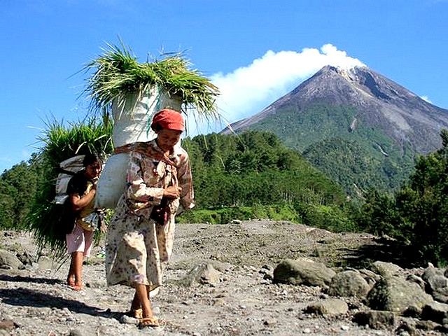 Volcano Indonesia Mount Merapi Indonesian Women with Bundles of Grass Puzzle Spiel 