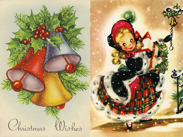 Christmas Bells and Girl Vintage Greetings Cards пазл игру 