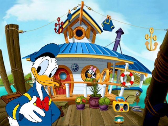 Disney Summer Donald Duck and Daisy on Boat House Wallpaper juego de puzzle 