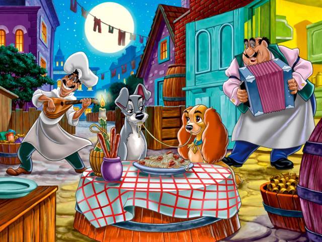 Disney Valentines Day Lady and the Tramp Romantic Dinner Wallpaper пъзел игра 