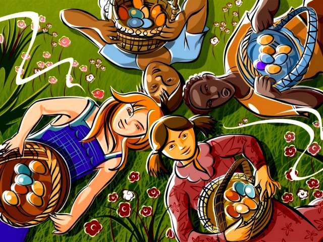 Easter Children with Baskets Colored Eggs Wallpaper juego de puzzle 