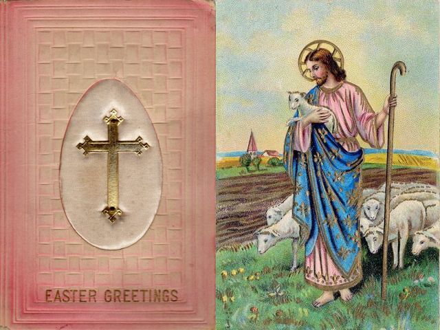 Easter Greetings Golden Cross and Jesus Good Shepherd Postcards - Two old postcards with 'Easter greetings' from 1910's, on a religious theme, with golden cross, the Christian symbol of the crucifix, depicted on background of a big egg and a satin fabric and the image of Jesus as a good shepherd among flock of sheep, with lambkin and a staff in hands. Easter egg is a symbol of the empty tomb, after Jesus' resurrection from the dead. Jesus is the good shepherd to His believers, just as the shepherds are for theirs livestock. The shepherd cares for his flock day and night and ready to defend his sheep from harm. - , Easter, greetings, greeting, golden, cross, Jesus, good, shepherd, shepherds, postcards, postcard, cartoon, cartoons, holiday, holidays, old, 1910, religious, theme, themes, Christian, symbol, symbols, crucifix, background, backgrounds, egg, eggs, satin, fabric, fabrics, image, images, flock, flocks, sheep, sheeps, lambkin, staff, hands, hand, empty, tomb, tombs, resurrection, dead, believers, believer, livestock, day, days, night, nights, harm - Two old postcards with 'Easter greetings' from 1910's, on a religious theme, with golden cross, the Christian symbol of the crucifix, depicted on background of a big egg and a satin fabric and the image of Jesus as a good shepherd among flock of sheep, with lambkin and a staff in hands. Easter egg is a symbol of the empty tomb, after Jesus' resurrection from the dead. Jesus is the good shepherd to His believers, just as the shepherds are for theirs livestock. The shepherd cares for his flock day and night and ready to defend his sheep from harm. Solve free online Easter Greetings Golden Cross and Jesus Good Shepherd Postcards puzzle games or send Easter Greetings Golden Cross and Jesus Good Shepherd Postcards puzzle game greeting ecards  from puzzles-games.eu.. Easter Greetings Golden Cross and Jesus Good Shepherd Postcards puzzle, puzzles, puzzles games, puzzles-games.eu, puzzle games, online puzzle games, free puzzle games, free online puzzle games, Easter Greetings Golden Cross and Jesus Good Shepherd Postcards free puzzle game, Easter Greetings Golden Cross and Jesus Good Shepherd Postcards online puzzle game, jigsaw puzzles, Easter Greetings Golden Cross and Jesus Good Shepherd Postcards jigsaw puzzle, jigsaw puzzle games, jigsaw puzzles games, Easter Greetings Golden Cross and Jesus Good Shepherd Postcards puzzle game ecard, puzzles games ecards, Easter Greetings Golden Cross and Jesus Good Shepherd Postcards puzzle game greeting ecard