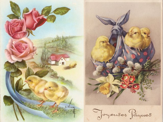 Easter Greetings Spanish and French Antique Postcards - Beautiful antique Spanish and French Easter greetings postcards from 1940s, with illustrations of pink roses, a nice landscape with adorable fluffy yellow chickens and pretty spring flowers with chicks, peeping from a bundle of purple table-cloth. The baby chickens which are born in the spring and the eggs, have been a symbol of spring and the new life since ancient times. Pink roses symbolize joyfulness, gratitude, grace and elegance. Purple has long been the colour of royalty. - , Easter, greetings, greeting, Spanish, French, antique, postcards, postcard, cartoon, cartoons, holiday, holidays, beautiful, 1940s, illustrations, illustration, pink, roses, rose, landscape, landscapes, adorable, fluffy, yellow, chickens, chicken, pretty, spring, flowers, flower, chicks, chick, bundle, bundles, purple, table, cloth, eggs, egg, symbols, symbol, new, life, ancient, times, time, joyfulness, gratitude, grace, elegance, colour, royalty - Beautiful antique Spanish and French Easter greetings postcards from 1940s, with illustrations of pink roses, a nice landscape with adorable fluffy yellow chickens and pretty spring flowers with chicks, peeping from a bundle of purple table-cloth. The baby chickens which are born in the spring and the eggs, have been a symbol of spring and the new life since ancient times. Pink roses symbolize joyfulness, gratitude, grace and elegance. Purple has long been the colour of royalty. Решайте бесплатные онлайн Easter Greetings Spanish and French Antique Postcards пазлы игры или отправьте Easter Greetings Spanish and French Antique Postcards пазл игру приветственную открытку  из puzzles-games.eu.. Easter Greetings Spanish and French Antique Postcards пазл, пазлы, пазлы игры, puzzles-games.eu, пазл игры, онлайн пазл игры, игры пазлы бесплатно, бесплатно онлайн пазл игры, Easter Greetings Spanish and French Antique Postcards бесплатно пазл игра, Easter Greetings Spanish and French Antique Postcards онлайн пазл игра , jigsaw puzzles, Easter Greetings Spanish and French Antique Postcards jigsaw puzzle, jigsaw puzzle games, jigsaw puzzles games, Easter Greetings Spanish and French Antique Postcards пазл игра открытка, пазлы игры открытки, Easter Greetings Spanish and French Antique Postcards пазл игра приветственная открытка