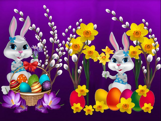 Easter Wallpaper - Easter wallpaper featuring two adorable bunnies with wicker basket, beautiful painted eggs, bright spring flowers and twigs of willow catkins. - , Easter, wallpaper, wallpapers, cartoon, cartoons, holiday, holidays, adorable, bunnies, bunny, wicker, basket, baskets, beautiful, painted, eggs, egg, bright, spring, flowers, flower, twigs, twig, willow, catkins - Easter wallpaper featuring two adorable bunnies with wicker basket, beautiful painted eggs, bright spring flowers and twigs of willow catkins. Решайте бесплатные онлайн Easter Wallpaper пазлы игры или отправьте Easter Wallpaper пазл игру приветственную открытку  из puzzles-games.eu.. Easter Wallpaper пазл, пазлы, пазлы игры, puzzles-games.eu, пазл игры, онлайн пазл игры, игры пазлы бесплатно, бесплатно онлайн пазл игры, Easter Wallpaper бесплатно пазл игра, Easter Wallpaper онлайн пазл игра , jigsaw puzzles, Easter Wallpaper jigsaw puzzle, jigsaw puzzle games, jigsaw puzzles games, Easter Wallpaper пазл игра открытка, пазлы игры открытки, Easter Wallpaper пазл игра приветственная открытка