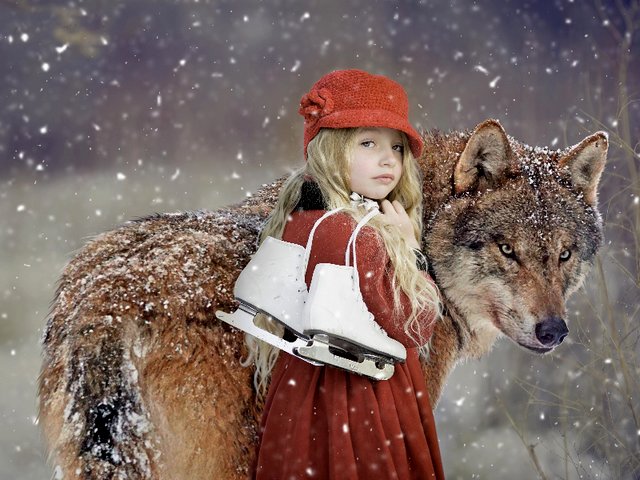 Girl with Red Hat and Wolf Wallpaper пъзел игра 
