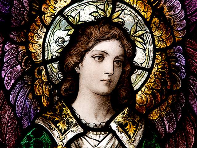 Angel holds INRI Crucifixion Banner Stained Glass St. Joseph RC Cathedral NY juego de puzzle 