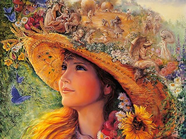 Bygone Summers by Josephine Wall - 'Bygone Summers' is an amazing fantasy painting by Josephine Wall, a spontaneous surrealistic attempt to blur the line between dream and reality. This painting depicts a beautiful girl with blonde hair who enjoys the sun on midsummer day, relaxing under a shadow of large straw hat, surrounded by vibrant summer flowers and butterflies. On the top of the hat, the straw is transformed into a cornfield with wonderful cascade of little scenes from the idyllic rural life during the haying season. - , bygone, summers, summer, Josephine, Wall, art, arts, amazing, fantasy, painting, paintings, spontaneous, surrealistic, attempt, attempts, line, lines, dream, dreams, reality, beautiful, girl, girls, blonde, hair, hairs, sun, midsummer, day, days, shadow, shadows, large, straw, hat, hats, vibrant, summer, flowers, flower, butterflies, butterfly, top, tops, cornfield, wonderful, cascade, scenes, scene, idyllic, rural, life, haying, season, seasons - 'Bygone Summers' is an amazing fantasy painting by Josephine Wall, a spontaneous surrealistic attempt to blur the line between dream and reality. This painting depicts a beautiful girl with blonde hair who enjoys the sun on midsummer day, relaxing under a shadow of large straw hat, surrounded by vibrant summer flowers and butterflies. On the top of the hat, the straw is transformed into a cornfield with wonderful cascade of little scenes from the idyllic rural life during the haying season. Решайте бесплатные онлайн Bygone Summers by Josephine Wall пазлы игры или отправьте Bygone Summers by Josephine Wall пазл игру приветственную открытку  из puzzles-games.eu.. Bygone Summers by Josephine Wall пазл, пазлы, пазлы игры, puzzles-games.eu, пазл игры, онлайн пазл игры, игры пазлы бесплатно, бесплатно онлайн пазл игры, Bygone Summers by Josephine Wall бесплатно пазл игра, Bygone Summers by Josephine Wall онлайн пазл игра , jigsaw puzzles, Bygone Summers by Josephine Wall jigsaw puzzle, jigsaw puzzle games, jigsaw puzzles games, Bygone Summers by Josephine Wall пазл игра открытка, пазлы игры открытки, Bygone Summers by Josephine Wall пазл игра приветственная открытка