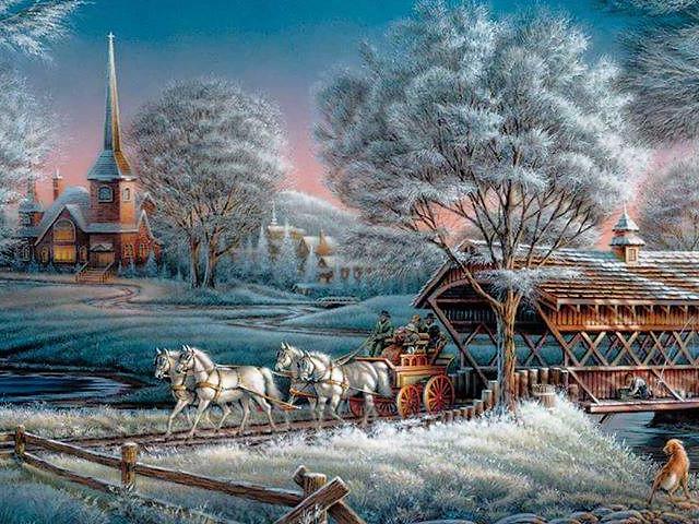 Christmas Memories Morning Frost by Terry Redlin - The serie of paintings 'Christmas Memories' has a unique stories to tell. The 'Morning Frost', painted in 2001, connects man and nature to heartfelt memories of life in small town in America.  <br />
The heavy frost glistens in the morning light. Winter is in the air. The icy coating is a precursor to the snow that will soon blanket the surroundings. As the horse-drawn wagon and its passengers leave the church and cross the covered bridge, only the dog knows that a young boy crouched is hiding there. - , Christmas, memories, memory, morning, frost, Terry, Redlin, art, arts, holiday, holidays, serie, series, paintings, painting, unique, stories, story, man, men, nature, to, heartfelt, life, town, America, light, winter, air, icy, coating, precursor, snow, surroundings, horse, wagon, passengers, church, bridge, dog, boy - The serie of paintings 'Christmas Memories' has a unique stories to tell. The 'Morning Frost', painted in 2001, connects man and nature to heartfelt memories of life in small town in America.  <br />
The heavy frost glistens in the morning light. Winter is in the air. The icy coating is a precursor to the snow that will soon blanket the surroundings. As the horse-drawn wagon and its passengers leave the church and cross the covered bridge, only the dog knows that a young boy crouched is hiding there. Решайте бесплатные онлайн Christmas Memories Morning Frost by Terry Redlin пазлы игры или отправьте Christmas Memories Morning Frost by Terry Redlin пазл игру приветственную открытку  из puzzles-games.eu.. Christmas Memories Morning Frost by Terry Redlin пазл, пазлы, пазлы игры, puzzles-games.eu, пазл игры, онлайн пазл игры, игры пазлы бесплатно, бесплатно онлайн пазл игры, Christmas Memories Morning Frost by Terry Redlin бесплатно пазл игра, Christmas Memories Morning Frost by Terry Redlin онлайн пазл игра , jigsaw puzzles, Christmas Memories Morning Frost by Terry Redlin jigsaw puzzle, jigsaw puzzle games, jigsaw puzzles games, Christmas Memories Morning Frost by Terry Redlin пазл игра открытка, пазлы игры открытки, Christmas Memories Morning Frost by Terry Redlin пазл игра приветственная открытка