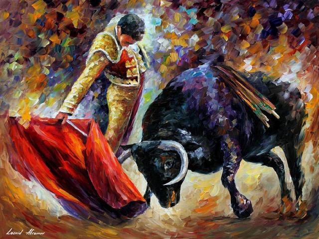 Corrida by Leonid Afremov - 'Corrida' is a beautiful oil painting on canvas with palette knife by best abstract artists of nowadays, Leonid Afremov (1955-2019). The Russian-Israeli painter depicts a full of tension moment from the dangerous show of Spanish corrida. The courageous bullfighter has no right to make a mistake in the fight with his opponent, the wild bull. - , corrida, Leonid, Afremov, art, arts, beautiful, oil, painting, paintings, canvas, palette, knife, abstract, artists, artist, nowadays, Russian-Israeli, painter, painters, tension, moment, moments, dangerous, show, shows, Spanish, courageous, bullfighter, bullfighters, right, rights, mistake, mistakes, fight, fights, opponent, opponents, wild, bull, bulls - 'Corrida' is a beautiful oil painting on canvas with palette knife by best abstract artists of nowadays, Leonid Afremov (1955-2019). The Russian-Israeli painter depicts a full of tension moment from the dangerous show of Spanish corrida. The courageous bullfighter has no right to make a mistake in the fight with his opponent, the wild bull. Resuelve rompecabezas en línea gratis Corrida by Leonid Afremov juegos puzzle o enviar Corrida by Leonid Afremov juego de puzzle tarjetas electrónicas de felicitación  de puzzles-games.eu.. Corrida by Leonid Afremov puzzle, puzzles, rompecabezas juegos, puzzles-games.eu, juegos de puzzle, juegos en línea del rompecabezas, juegos gratis puzzle, juegos en línea gratis rompecabezas, Corrida by Leonid Afremov juego de puzzle gratuito, Corrida by Leonid Afremov juego de rompecabezas en línea, jigsaw puzzles, Corrida by Leonid Afremov jigsaw puzzle, jigsaw puzzle games, jigsaw puzzles games, Corrida by Leonid Afremov rompecabezas de juego tarjeta electrónica, juegos de puzzles tarjetas electrónicas, Corrida by Leonid Afremov puzzle tarjeta electrónica de felicitación