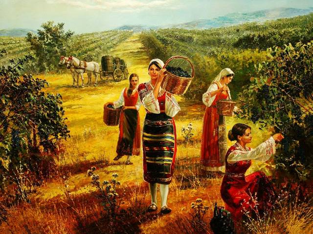 Grape Harvest by Vasil Goranov - 'Grape Harvest' is one of the newest oil paintings of the master of the brush Vasil Goranov (born in 1972 in Velingrad, Bulgaria), depicting beautiful grape pickers in Bulgarian national costumes.<br />
In his works we can see themes from the everyday life of Bulgarians with their labour, worries, love, battles. He brilliantly combines historical romanticism and insightful psychology in recreating significant events and personalities from long journey through the centuries of Bulgarian history. - , grape, grapes, harvest, Vasil, Goranov, art, arts, oil, paintings, master, masters, brush, brushes, Velingrad, Bulgaria, pickers, picker, Bulgarian, national, costumes, costume, works, work, themes, everyday, life, Bulgarians, labour, worries, love, battles, brilliantly, historical, romanticism, insightful, psychology, events, event, personalities, personality, journey, centuries, century, history - 'Grape Harvest' is one of the newest oil paintings of the master of the brush Vasil Goranov (born in 1972 in Velingrad, Bulgaria), depicting beautiful grape pickers in Bulgarian national costumes.<br />
In his works we can see themes from the everyday life of Bulgarians with their labour, worries, love, battles. He brilliantly combines historical romanticism and insightful psychology in recreating significant events and personalities from long journey through the centuries of Bulgarian history. Решайте бесплатные онлайн Grape Harvest by Vasil Goranov пазлы игры или отправьте Grape Harvest by Vasil Goranov пазл игру приветственную открытку  из puzzles-games.eu.. Grape Harvest by Vasil Goranov пазл, пазлы, пазлы игры, puzzles-games.eu, пазл игры, онлайн пазл игры, игры пазлы бесплатно, бесплатно онлайн пазл игры, Grape Harvest by Vasil Goranov бесплатно пазл игра, Grape Harvest by Vasil Goranov онлайн пазл игра , jigsaw puzzles, Grape Harvest by Vasil Goranov jigsaw puzzle, jigsaw puzzle games, jigsaw puzzles games, Grape Harvest by Vasil Goranov пазл игра открытка, пазлы игры открытки, Grape Harvest by Vasil Goranov пазл игра приветственная открытка