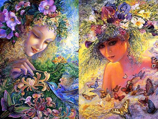 Honeysuckle and Flora by Josephine Wall - 'Honeysuckle' (acrylic on canvas, 2007) and 'Flora' are two stunning artworks by the Mistress of fantasy, Josephine Wall, specialized in mystical, surreal-like paintings. She has an amazing sense for light, color and for a visual story-telling. <br />
In 'Honeysuckle', the beautiful fairy is represented to fondle gently  Bluebird, a symbol of the happiness, with a stem of honeysuckle, surrounded by butterflies and bees attracted by the gorgeous blossoms in shape of bells and the nectar with a strong sweet scent. <br />
The delicate and beautiful face of Flora, the Roman goddess of flowers, radiates a soft glow, among the abundance of flowers with fragrant petals and butterflies fluttering around them. - , honeysuckle, honeysuckles, Flora, Josephine, Wall, art, arts, acrylic, canvas, 2007, stunning, artworks, artwork, Mistress, fantasy, mystical, surreal, paintings, painting, amazing, sense, light, color, visual, story, telling, beautiful, fairy, fairies, gently, Bluebird, symbol, symbols, happiness, stem, stems, butterflies, butterfly, bees, bee, gorgeous, blossoms, blossom, shape, shapes, bells, bell, nectar, strong, sweet, scent, delicate, beautiful, face, faces, Roman, goddess, goddesses, flowers, flower, soft, glow, abundance, fragrant, petals, petal - 'Honeysuckle' (acrylic on canvas, 2007) and 'Flora' are two stunning artworks by the Mistress of fantasy, Josephine Wall, specialized in mystical, surreal-like paintings. She has an amazing sense for light, color and for a visual story-telling. <br />
In 'Honeysuckle', the beautiful fairy is represented to fondle gently  Bluebird, a symbol of the happiness, with a stem of honeysuckle, surrounded by butterflies and bees attracted by the gorgeous blossoms in shape of bells and the nectar with a strong sweet scent. <br />
The delicate and beautiful face of Flora, the Roman goddess of flowers, radiates a soft glow, among the abundance of flowers with fragrant petals and butterflies fluttering around them. Подреждайте безплатни онлайн Honeysuckle and Flora by Josephine Wall пъзел игри или изпратете Honeysuckle and Flora by Josephine Wall пъзел игра поздравителна картичка  от puzzles-games.eu.. Honeysuckle and Flora by Josephine Wall пъзел, пъзели, пъзели игри, puzzles-games.eu, пъзел игри, online пъзел игри, free пъзел игри, free online пъзел игри, Honeysuckle and Flora by Josephine Wall free пъзел игра, Honeysuckle and Flora by Josephine Wall online пъзел игра, jigsaw puzzles, Honeysuckle and Flora by Josephine Wall jigsaw puzzle, jigsaw puzzle games, jigsaw puzzles games, Honeysuckle and Flora by Josephine Wall пъзел игра картичка, пъзели игри картички, Honeysuckle and Flora by Josephine Wall пъзел игра поздравителна картичка