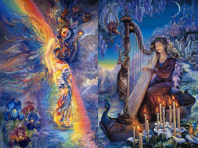 Iris Keeper of the Rainbow and Minervas Melody by Josephine Wall - 'Iris Keeper of the Rainbow' and 'Minerva's Melody' are two beautiful paintings of goddesses from the magnificent 'Mystical World' collection by the famous English artist Josephine Wall, which fascinate with mesmerizing details and vibrant colours.<br />
The ancient Greeks identify the rainbow with the goddess Iris, who travels so swiftly, that mortals can see only the traces of rainbow colours when she is passing through the sky.<br />
The goddess Minerva represents the music, which is an universal language, understood and loved by every nation on the Earth. She travels together with the 'owl of wisdom', downstream the river of life, spreading the magic of her melodies to all. - , Iris, keeper, rainbow, Minervas, Minerva, melody, melodies, Josephine, Wall, art, arts, beautiful, paintings, painting, goddesses, goddess, magnificent, mystical, world, collection, collections, famous, English, artist, artists, mesmerizing, details, detail, vibrant, colours, colour, ancient, Greeks, Greek, swiftly, mortals, mortal, traces, trace, sky, music, universal, language, language, nation, nations, Earth, owl, owls, wisdom, downstream, river, rivers, life, magic - 'Iris Keeper of the Rainbow' and 'Minerva's Melody' are two beautiful paintings of goddesses from the magnificent 'Mystical World' collection by the famous English artist Josephine Wall, which fascinate with mesmerizing details and vibrant colours.<br />
The ancient Greeks identify the rainbow with the goddess Iris, who travels so swiftly, that mortals can see only the traces of rainbow colours when she is passing through the sky.<br />
The goddess Minerva represents the music, which is an universal language, understood and loved by every nation on the Earth. She travels together with the 'owl of wisdom', downstream the river of life, spreading the magic of her melodies to all. Resuelve rompecabezas en línea gratis Iris Keeper of the Rainbow and Minervas Melody by Josephine Wall juegos puzzle o enviar Iris Keeper of the Rainbow and Minervas Melody by Josephine Wall juego de puzzle tarjetas electrónicas de felicitación  de puzzles-games.eu.. Iris Keeper of the Rainbow and Minervas Melody by Josephine Wall puzzle, puzzles, rompecabezas juegos, puzzles-games.eu, juegos de puzzle, juegos en línea del rompecabezas, juegos gratis puzzle, juegos en línea gratis rompecabezas, Iris Keeper of the Rainbow and Minervas Melody by Josephine Wall juego de puzzle gratuito, Iris Keeper of the Rainbow and Minervas Melody by Josephine Wall juego de rompecabezas en línea, jigsaw puzzles, Iris Keeper of the Rainbow and Minervas Melody by Josephine Wall jigsaw puzzle, jigsaw puzzle games, jigsaw puzzles games, Iris Keeper of the Rainbow and Minervas Melody by Josephine Wall rompecabezas de juego tarjeta electrónica, juegos de puzzles tarjetas electrónicas, Iris Keeper of the Rainbow and Minervas Melody by Josephine Wall puzzle tarjeta electrónica de felicitación