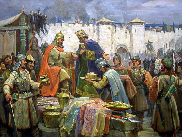 Khan Tervel and Justinian by Dimitar Gyudjenov - Famous painting by Dimitar Gyudjenov (1891-1979), 'Khan Tervel and Justinian' (1960, oil on canvas, Presidency of the Republic of Bulgaria), which depicts the Bulgarian ruler in 705, in front of the walls of Constantinople, who receives expensive gifts, after has helped the Byzantine emperor Justinian II to regain the throne,  without any battles. - , Khan, khans, Tervel, Justinian, Dimitar, Gyudjenov, art, arts, place, places, travel, travels, tour, tours, trip, trips, famous, painting, paintings, 1891, 1979, 1980, oil, canvas, canvases, Presidency, Republic, Bulgaria, Bulgarian, ruler, rulers, 705, walls, wall, Constantinople, expensive, gifts, gift, Byzantine, emperor, emperors, throne, thrones, battles, battle - Famous painting by Dimitar Gyudjenov (1891-1979), 'Khan Tervel and Justinian' (1960, oil on canvas, Presidency of the Republic of Bulgaria), which depicts the Bulgarian ruler in 705, in front of the walls of Constantinople, who receives expensive gifts, after has helped the Byzantine emperor Justinian II to regain the throne,  without any battles. Lösen Sie kostenlose Khan Tervel and Justinian by Dimitar Gyudjenov Online Puzzle Spiele oder senden Sie Khan Tervel and Justinian by Dimitar Gyudjenov Puzzle Spiel Gruß ecards  from puzzles-games.eu.. Khan Tervel and Justinian by Dimitar Gyudjenov puzzle, Rätsel, puzzles, Puzzle Spiele, puzzles-games.eu, puzzle games, Online Puzzle Spiele, kostenlose Puzzle Spiele, kostenlose Online Puzzle Spiele, Khan Tervel and Justinian by Dimitar Gyudjenov kostenlose Puzzle Spiel, Khan Tervel and Justinian by Dimitar Gyudjenov Online Puzzle Spiel, jigsaw puzzles, Khan Tervel and Justinian by Dimitar Gyudjenov jigsaw puzzle, jigsaw puzzle games, jigsaw puzzles games, Khan Tervel and Justinian by Dimitar Gyudjenov Puzzle Spiel ecard, Puzzles Spiele ecards, Khan Tervel and Justinian by Dimitar Gyudjenov Puzzle Spiel Gruß ecards