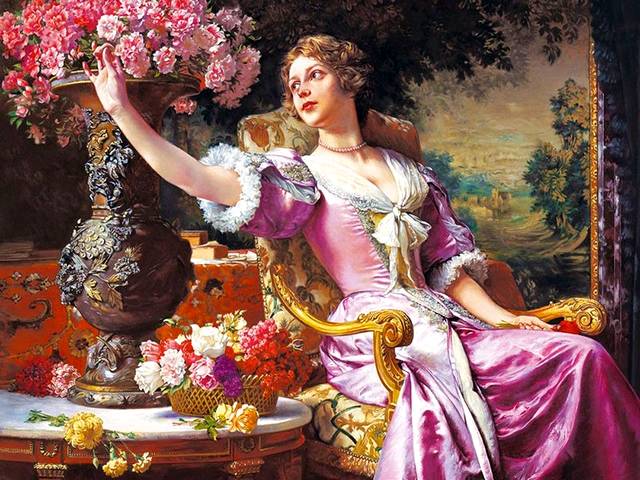 Lady in Lilac Dress with Flowers by Wladyslaw Czachorsk Puzzle Spiel 