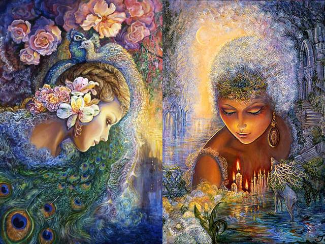 Peacock Daze and Dandelion Diva by Josephine Wall - 'Peacock Daze' by the English fantasy painter Josephine Wall, depicts a beautiful girl sunk in a doze, who under the influence of scent of fragrant roses in the garden is transported into a world of dreams and fleeting moments of joy, among gorgeous peacocks and exotic flowers.<br />
In 'Dandelion Diva', Josephine Wall depicts the pre-Christian deity Hecate, an oracle goddess (Goddess of darkness). The dandelion is a weed, used for increasing psychic ability and intuition and is associated with the prediction and prophecy, the underworld and necromancy, for communication with world of the dead or summoning of the spirits.<br />
On the other hand, with its fluffy seeds as little fairies that may carry wishes, easily carried away by the winds or just with the faintest of breezes, the dandelion has spread across the world, as symbol of positivity, progress and survival, faithfulness, happiness and desire.<br />
According to legend, if you can blow all the seeds of dandelion simultaneously, you are loved with passionate love. - , peacock, peacocks, daze, dandelion, dandelions, diva, Josephine, Wall, art, arts, English, fantasy, painter, painters, beautiful, girl, girls, doze, influence, scent, fragrant, roses, rose, garden, world, dreams, dream, fleeting, moments, moment, joy, gorgeous, exotic, flowers, flower, pre-Christian, deity, Hecate, oracle, goddess, goddesses, darkness, weed, weeds, psychic, ability, intuition, prediction, prophecy, underworld, necromancy, communication, dead, summoning, spirits, spirit, fluffy, seeds, seed, fairies, fairy, wishes, wish, winds, wind, faintest, breezes, breeze, symbol, positivity, progress, survival, faithfulness, happiness, desire, legend, simultaneously, passionate, love - 'Peacock Daze' by the English fantasy painter Josephine Wall, depicts a beautiful girl sunk in a doze, who under the influence of scent of fragrant roses in the garden is transported into a world of dreams and fleeting moments of joy, among gorgeous peacocks and exotic flowers.<br />
In 'Dandelion Diva', Josephine Wall depicts the pre-Christian deity Hecate, an oracle goddess (Goddess of darkness). The dandelion is a weed, used for increasing psychic ability and intuition and is associated with the prediction and prophecy, the underworld and necromancy, for communication with world of the dead or summoning of the spirits.<br />
On the other hand, with its fluffy seeds as little fairies that may carry wishes, easily carried away by the winds or just with the faintest of breezes, the dandelion has spread across the world, as symbol of positivity, progress and survival, faithfulness, happiness and desire.<br />
According to legend, if you can blow all the seeds of dandelion simultaneously, you are loved with passionate love. Lösen Sie kostenlose Peacock Daze and Dandelion Diva by Josephine Wall Online Puzzle Spiele oder senden Sie Peacock Daze and Dandelion Diva by Josephine Wall Puzzle Spiel Gruß ecards  from puzzles-games.eu.. Peacock Daze and Dandelion Diva by Josephine Wall puzzle, Rätsel, puzzles, Puzzle Spiele, puzzles-games.eu, puzzle games, Online Puzzle Spiele, kostenlose Puzzle Spiele, kostenlose Online Puzzle Spiele, Peacock Daze and Dandelion Diva by Josephine Wall kostenlose Puzzle Spiel, Peacock Daze and Dandelion Diva by Josephine Wall Online Puzzle Spiel, jigsaw puzzles, Peacock Daze and Dandelion Diva by Josephine Wall jigsaw puzzle, jigsaw puzzle games, jigsaw puzzles games, Peacock Daze and Dandelion Diva by Josephine Wall Puzzle Spiel ecard, Puzzles Spiele ecards, Peacock Daze and Dandelion Diva by Josephine Wall Puzzle Spiel Gruß ecards