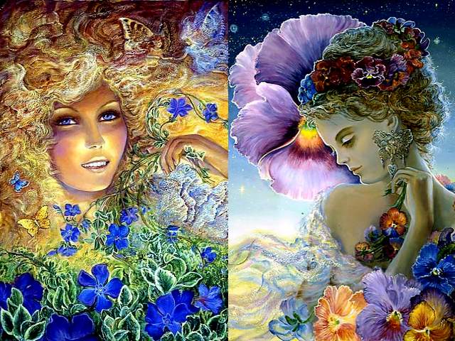 Periwinkle and Pansy by Josephine Wall - In the magnificent artworks by the famous English artist Josephine Wall, flowers have special role and are associated with goddesses, as an expression of theirs divine souls. According the Victorian Language of Flowers, each flower was used to express thoughts and symbols, associated with abstract concepts such as dignity, loyalty and human relationship. <br />
Periwinkle (Vinca major) is an evergreen plant with tiny, blue blossoms in shape of star and emerald leaves, which blooms periodically in cascading shapes from early spring till first frost. It is equated with pleasant memories and friendship. Usually, given in bouquet before a journey, is an expression of hope that everyone will remember fondly about the good times.<br />
Pansy (Viola tricolor) with its bright, sunny and sweet blossoms, is a symbol of thoughtfulness and love, togetherness and union. The beautiful pansies are perfect flowers when we want to retain fond memories about loved ones, who have left this world. - , periwinkle, pansy, pansies, Josephine, Wall, art, arts, magnificent, artworks, famous, English, artist, artists, flowers, flower, special, role, goddesses, goddess, expression, divine, souls, soul, Victorian, language, languages, thoughts, thought, symbols, symbol, abstract, concepts, concept, dignity, loyalty, human, relationship, Vinca, major, evergreen, plant, tiny, blue, blossoms, blossom, shape, star, stars, emerald, leaves, leaf, cascading, early, spring, first, frost, pleasant, memories, memory, friendship, bouquet, bouquets, journey, expression, hope, fondly, good, times, Viola, tricolor, bright, sunny, sweet, thoughtfulness, love, togetherness, union, beautiful, perfect, fond, world - In the magnificent artworks by the famous English artist Josephine Wall, flowers have special role and are associated with goddesses, as an expression of theirs divine souls. According the Victorian Language of Flowers, each flower was used to express thoughts and symbols, associated with abstract concepts such as dignity, loyalty and human relationship. <br />
Periwinkle (Vinca major) is an evergreen plant with tiny, blue blossoms in shape of star and emerald leaves, which blooms periodically in cascading shapes from early spring till first frost. It is equated with pleasant memories and friendship. Usually, given in bouquet before a journey, is an expression of hope that everyone will remember fondly about the good times.<br />
Pansy (Viola tricolor) with its bright, sunny and sweet blossoms, is a symbol of thoughtfulness and love, togetherness and union. The beautiful pansies are perfect flowers when we want to retain fond memories about loved ones, who have left this world. Lösen Sie kostenlose Periwinkle and Pansy by Josephine Wall Online Puzzle Spiele oder senden Sie Periwinkle and Pansy by Josephine Wall Puzzle Spiel Gruß ecards  from puzzles-games.eu.. Periwinkle and Pansy by Josephine Wall puzzle, Rätsel, puzzles, Puzzle Spiele, puzzles-games.eu, puzzle games, Online Puzzle Spiele, kostenlose Puzzle Spiele, kostenlose Online Puzzle Spiele, Periwinkle and Pansy by Josephine Wall kostenlose Puzzle Spiel, Periwinkle and Pansy by Josephine Wall Online Puzzle Spiel, jigsaw puzzles, Periwinkle and Pansy by Josephine Wall jigsaw puzzle, jigsaw puzzle games, jigsaw puzzles games, Periwinkle and Pansy by Josephine Wall Puzzle Spiel ecard, Puzzles Spiele ecards, Periwinkle and Pansy by Josephine Wall Puzzle Spiel Gruß ecards