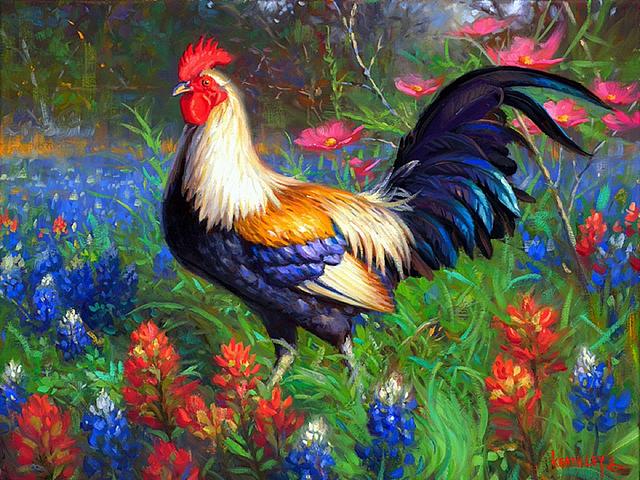 Rooster in Flower Field by Mark Keathley - 'Rooster in flower field' is a colorful oil painting by Mark Keathley (born 1963 and grown up on the family farm in East Texas), whose fine art hang in many homes around the world. He is able to capture the perfect moment in time and recreates the beautiful things with masterful combination of light, water, colors and fine details, which give you the feeling that you are a part of the landscape. - , rooster, roosters, flower, flowers, field, fields, Mark, Keathley, art, arts, animals, animal, colorful, oil, painting, paintings, 1963, family, farm, farms, East, Texas, fine, homes, home, world, perfect, moment, moments, time, times, beautiful, masterful, combination, light, water, colors, fine, details, detail, feeling, feelings, part, parts, landscape, landscapes - 'Rooster in flower field' is a colorful oil painting by Mark Keathley (born 1963 and grown up on the family farm in East Texas), whose fine art hang in many homes around the world. He is able to capture the perfect moment in time and recreates the beautiful things with masterful combination of light, water, colors and fine details, which give you the feeling that you are a part of the landscape. Подреждайте безплатни онлайн Rooster in Flower Field by Mark Keathley пъзел игри или изпратете Rooster in Flower Field by Mark Keathley пъзел игра поздравителна картичка  от puzzles-games.eu.. Rooster in Flower Field by Mark Keathley пъзел, пъзели, пъзели игри, puzzles-games.eu, пъзел игри, online пъзел игри, free пъзел игри, free online пъзел игри, Rooster in Flower Field by Mark Keathley free пъзел игра, Rooster in Flower Field by Mark Keathley online пъзел игра, jigsaw puzzles, Rooster in Flower Field by Mark Keathley jigsaw puzzle, jigsaw puzzle games, jigsaw puzzles games, Rooster in Flower Field by Mark Keathley пъзел игра картичка, пъзели игри картички, Rooster in Flower Field by Mark Keathley пъзел игра поздравителна картичка