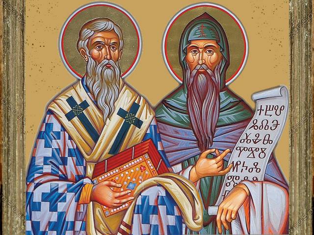 Saints Cyril and Methodius with Glagolitic Alphabet - The images of Saints Cyril and Methodius, known as the 'Thessaloniki brothers', creators of the Glagolitic alphabet, during the perception of the Old-Bulgarian language as a Church language and script, for translation of liturgical books from Greek into Slavonic. The Glagolitic alphabet was created in 855 on the base of Bulgarian runic script (lines and dashes), with adding the three symbols of Christianity, cross, circle and triangle depicting the unity of the Trinity. - , Saints, Saint, St., Cyril, Methodius, Glagolitic, alphabet, alphabets, art, arts, holidays, holiday, feast, feasts, images, image, Thessaloniki, brothers, brother, creators, creator, perception, perceptions, old, Bulgarian, language, languages, church, churches, script, scripts, translation, translations, liturgical, books, book, Greek, Slavonic, 855, base, bases, runic, lines, line, dashes, dash, symbols, symbol, Christianity, cross, crosses, circle, circles, triangle, triangles, unity, unities, Trinity - The images of Saints Cyril and Methodius, known as the 'Thessaloniki brothers', creators of the Glagolitic alphabet, during the perception of the Old-Bulgarian language as a Church language and script, for translation of liturgical books from Greek into Slavonic. The Glagolitic alphabet was created in 855 on the base of Bulgarian runic script (lines and dashes), with adding the three symbols of Christianity, cross, circle and triangle depicting the unity of the Trinity. Lösen Sie kostenlose Saints Cyril and Methodius with Glagolitic Alphabet Online Puzzle Spiele oder senden Sie Saints Cyril and Methodius with Glagolitic Alphabet Puzzle Spiel Gruß ecards  from puzzles-games.eu.. Saints Cyril and Methodius with Glagolitic Alphabet puzzle, Rätsel, puzzles, Puzzle Spiele, puzzles-games.eu, puzzle games, Online Puzzle Spiele, kostenlose Puzzle Spiele, kostenlose Online Puzzle Spiele, Saints Cyril and Methodius with Glagolitic Alphabet kostenlose Puzzle Spiel, Saints Cyril and Methodius with Glagolitic Alphabet Online Puzzle Spiel, jigsaw puzzles, Saints Cyril and Methodius with Glagolitic Alphabet jigsaw puzzle, jigsaw puzzle games, jigsaw puzzles games, Saints Cyril and Methodius with Glagolitic Alphabet Puzzle Spiel ecard, Puzzles Spiele ecards, Saints Cyril and Methodius with Glagolitic Alphabet Puzzle Spiel Gruß ecards