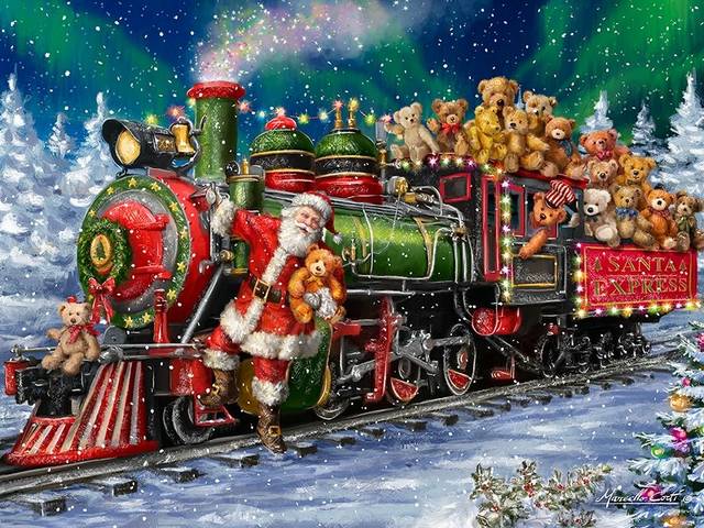 Santa Train with Toy Bears by Marcello Corti - Beautiful illustration of 'Santa Train with Toy Bears' by the Italian artist Marcello Corti, depicting Santa Claus on departure out of the station with the Christmas train loaded with teddy bears toy, presents for the good children. - , Santa, train, trains, toy, toys, bears, bear, Marcello, Corti, art, arts, holiday, holidays, beautiful, illustration, illustrations, Italian, artist, artists, Claus, station, station, Christmas, teddy, toy, toys, presents, present, children, child - Beautiful illustration of 'Santa Train with Toy Bears' by the Italian artist Marcello Corti, depicting Santa Claus on departure out of the station with the Christmas train loaded with teddy bears toy, presents for the good children. Solve free online Santa Train with Toy Bears by Marcello Corti puzzle games or send Santa Train with Toy Bears by Marcello Corti puzzle game greeting ecards  from puzzles-games.eu.. Santa Train with Toy Bears by Marcello Corti puzzle, puzzles, puzzles games, puzzles-games.eu, puzzle games, online puzzle games, free puzzle games, free online puzzle games, Santa Train with Toy Bears by Marcello Corti free puzzle game, Santa Train with Toy Bears by Marcello Corti online puzzle game, jigsaw puzzles, Santa Train with Toy Bears by Marcello Corti jigsaw puzzle, jigsaw puzzle games, jigsaw puzzles games, Santa Train with Toy Bears by Marcello Corti puzzle game ecard, puzzles games ecards, Santa Train with Toy Bears by Marcello Corti puzzle game greeting ecard