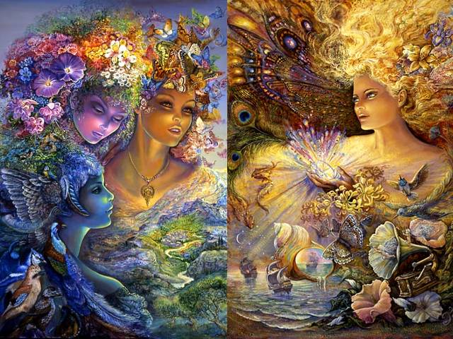 The Three Graces and Crystal of Enchantment by Josephine Wall - In the painting 'The Three Graces', the internationally renowned fantasy artist Josephine Wall, depicts three charming goddesses, daughters of Zeus. The hair and faces of the three inseparable sisters, Aglaia (brightness), Euphrosyne (joyfulness) and Thalia (bloom) shine with radiant beauty, looking down from Mount Olympus. <br />
In 'Crystal of Enchantment' the world is illuminated with a magical light and all-embracing love, that flows from the spirit of the enchantress through the powerful crystal. - , three, graces, grace, crystal, crystals, enchantment, Josephine, Wall, art, arts, painting, paintings, internationally, renowned, fantasy, artist, artists, charming, goddesses, goddess, daughters, daughter, Zeus, hair, faces, face, inseparable, sisters, sister, Aglaia, brightness, Euphrosyne, joyfulness, Thalia, bloom, radiant, beauty, Mount, Olympus, world, a, magical, light, all-embracing, love, spirit, enchantress, powerful, crystal - In the painting 'The Three Graces', the internationally renowned fantasy artist Josephine Wall, depicts three charming goddesses, daughters of Zeus. The hair and faces of the three inseparable sisters, Aglaia (brightness), Euphrosyne (joyfulness) and Thalia (bloom) shine with radiant beauty, looking down from Mount Olympus. <br />
In 'Crystal of Enchantment' the world is illuminated with a magical light and all-embracing love, that flows from the spirit of the enchantress through the powerful crystal. Подреждайте безплатни онлайн The Three Graces and Crystal of Enchantment by Josephine Wall пъзел игри или изпратете The Three Graces and Crystal of Enchantment by Josephine Wall пъзел игра поздравителна картичка  от puzzles-games.eu.. The Three Graces and Crystal of Enchantment by Josephine Wall пъзел, пъзели, пъзели игри, puzzles-games.eu, пъзел игри, online пъзел игри, free пъзел игри, free online пъзел игри, The Three Graces and Crystal of Enchantment by Josephine Wall free пъзел игра, The Three Graces and Crystal of Enchantment by Josephine Wall online пъзел игра, jigsaw puzzles, The Three Graces and Crystal of Enchantment by Josephine Wall jigsaw puzzle, jigsaw puzzle games, jigsaw puzzles games, The Three Graces and Crystal of Enchantment by Josephine Wall пъзел игра картичка, пъзели игри картички, The Three Graces and Crystal of Enchantment by Josephine Wall пъзел игра поздравителна картичка