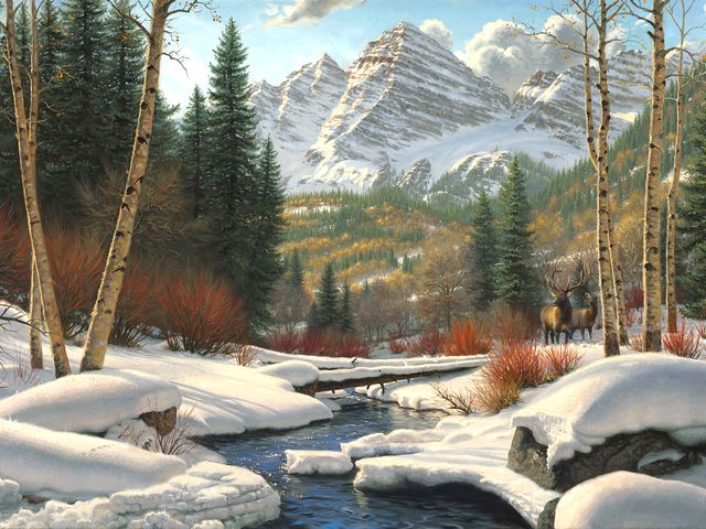 Winter Retreat by Mark Keathley - 'Winter Retreat' by Mark Keathley (born 1963, East Texas) is a beautiful painting depicting a majestic landscape of the Maroon Bells mountain range near Aspen, the sparkling blue waters of Crystal Creek and elk in the deep snow. - , winter, retreat, Mark, Keathley, art, arts, 1963, East, Texas, beautiful, painting, paintings, majestic, landscape, landscapes, Maroon, Bells, mountain, mountains, range, ranges, Aspen, sparkling, blue, waters, water, Crystal, Creek, elk, deep, snow - 'Winter Retreat' by Mark Keathley (born 1963, East Texas) is a beautiful painting depicting a majestic landscape of the Maroon Bells mountain range near Aspen, the sparkling blue waters of Crystal Creek and elk in the deep snow. Решайте бесплатные онлайн Winter Retreat by Mark Keathley пазлы игры или отправьте Winter Retreat by Mark Keathley пазл игру приветственную открытку  из puzzles-games.eu.. Winter Retreat by Mark Keathley пазл, пазлы, пазлы игры, puzzles-games.eu, пазл игры, онлайн пазл игры, игры пазлы бесплатно, бесплатно онлайн пазл игры, Winter Retreat by Mark Keathley бесплатно пазл игра, Winter Retreat by Mark Keathley онлайн пазл игра , jigsaw puzzles, Winter Retreat by Mark Keathley jigsaw puzzle, jigsaw puzzle games, jigsaw puzzles games, Winter Retreat by Mark Keathley пазл игра открытка, пазлы игры открытки, Winter Retreat by Mark Keathley пазл игра приветственная открытка