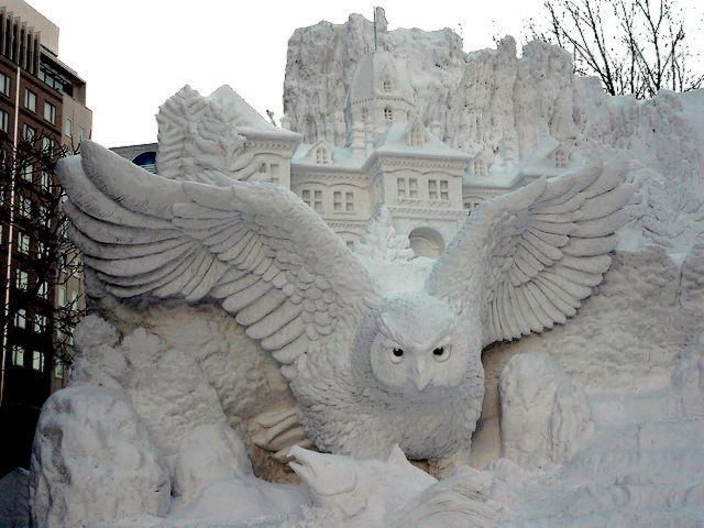 Blakiston Fish Owl Snow Sculpture in Odori Park Sapporo Hokkaido Japan puzzle game 