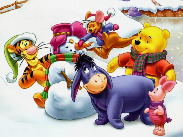 Disney Winter Winnie the Pooh and Friends with Snowman Wallpaper пазл игру 