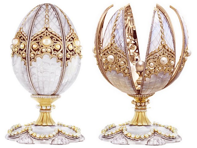 Fabergе Pearl Egg - The 'Pearl Egg' , the last egg, is an exceptional luxury piece of art, crafted by Peter Carl Faberg?, (1917), the famous jeweller of royalty, in collaboration with the Al-Fardan family, one of the world’s most renowned collectors of pearls. <br />
The Faberge Pearl Egg draws inspiration from the formation of a pearl within an oyster. An ingenious mechanism enables the entire outer shell to rotate on its base, simultaneously opening in six sections to unveil a unique grey pearl of 12.17 carats, sourced from the Arabian Gulf.<br />
The jewel is decorated by 139 fine, white pearls with a golden lustre, 3,305 diamonds, carved rock crystal and mother-of-pearl set on white and yellow gold. - , Fabergе, pearl, egg, eggs, holiday, holidays, art, arts, exceptional, luxury, piece, Peter, Carl, 1917, famous, jeweller, royalty, Al-Fardan, family, world, renowned, collectors, pearls, inspiration, formation, oyster, ingenious, mechanism, outer, shell, base, sections, unique, grey, carats, Arabian, Gulf, jewel, fine, white, golden, lustre, diamonds, rock, crystal, and, mother-of-pearl, set, on, white, and, yellow, gold. - The 'Pearl Egg' , the last egg, is an exceptional luxury piece of art, crafted by Peter Carl Faberg?, (1917), the famous jeweller of royalty, in collaboration with the Al-Fardan family, one of the world’s most renowned collectors of pearls. <br />
The Faberge Pearl Egg draws inspiration from the formation of a pearl within an oyster. An ingenious mechanism enables the entire outer shell to rotate on its base, simultaneously opening in six sections to unveil a unique grey pearl of 12.17 carats, sourced from the Arabian Gulf.<br />
The jewel is decorated by 139 fine, white pearls with a golden lustre, 3,305 diamonds, carved rock crystal and mother-of-pearl set on white and yellow gold. Solve free online Fabergе Pearl Egg puzzle games or send Fabergе Pearl Egg puzzle game greeting ecards  from puzzles-games.eu.. Fabergе Pearl Egg puzzle, puzzles, puzzles games, puzzles-games.eu, puzzle games, online puzzle games, free puzzle games, free online puzzle games, Fabergе Pearl Egg free puzzle game, Fabergе Pearl Egg online puzzle game, jigsaw puzzles, Fabergе Pearl Egg jigsaw puzzle, jigsaw puzzle games, jigsaw puzzles games, Fabergе Pearl Egg puzzle game ecard, puzzles games ecards, Fabergе Pearl Egg puzzle game greeting ecard