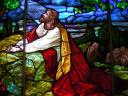 Christ praying in Gethsemane Garden Stained Glass Window Glenwood Lutheran Church Minnesota
