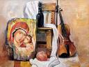 Still-Life with Icon and Violin by Vesko Radulov Bulgarian Fine Art