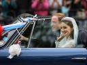 Royal Wedding England Catherine Duchess of Cambridge greets Crowd in Aston Martin Volante outside Buckingham Palace London