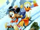 Disney Winter Mickey Mouse and Donald Duck with Sled Wallpaper